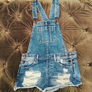 Medium Blue: Distressed Denim Overalls Shorts